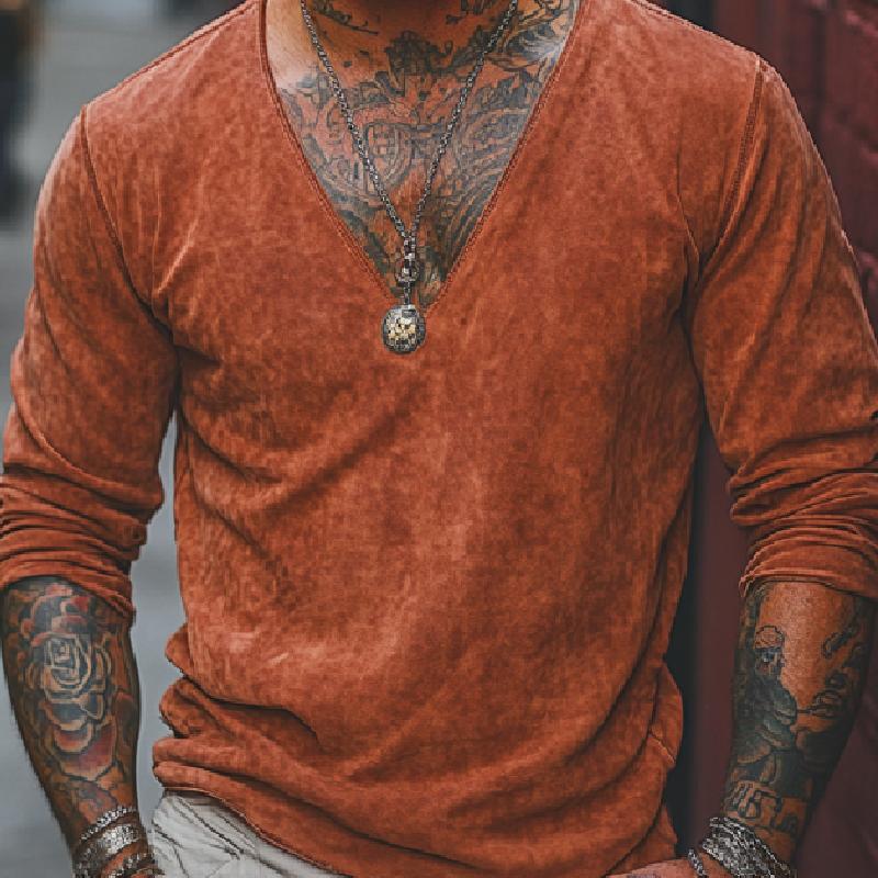 Men's Classic V-Neck Air Layer Suede Long Sleeve T-Shirt 9272631001272