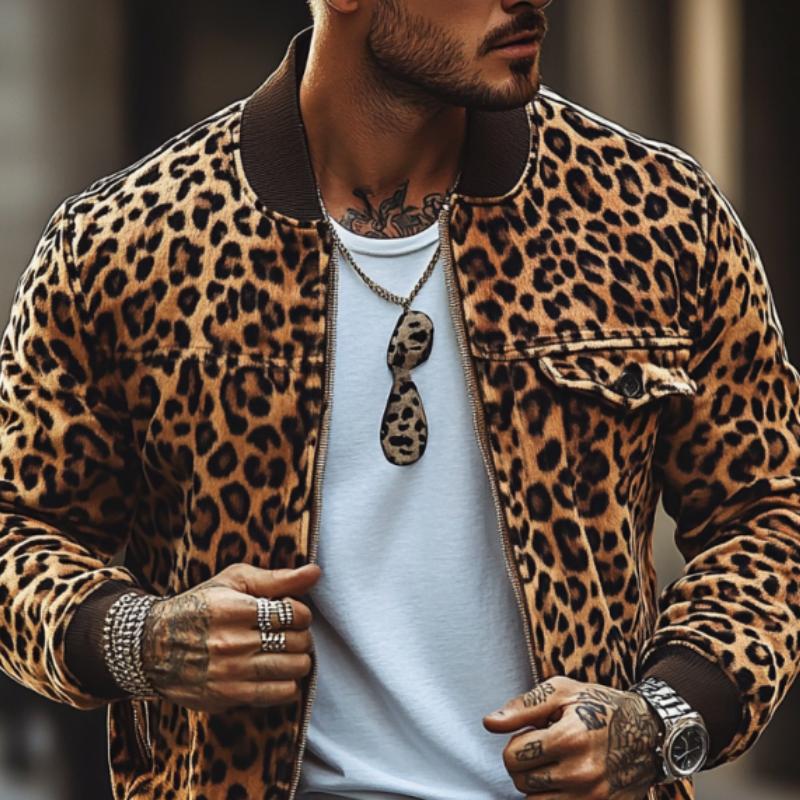 Men's Vintage Leopard Print Chest Pocket Bomber Jacket 9261082312888