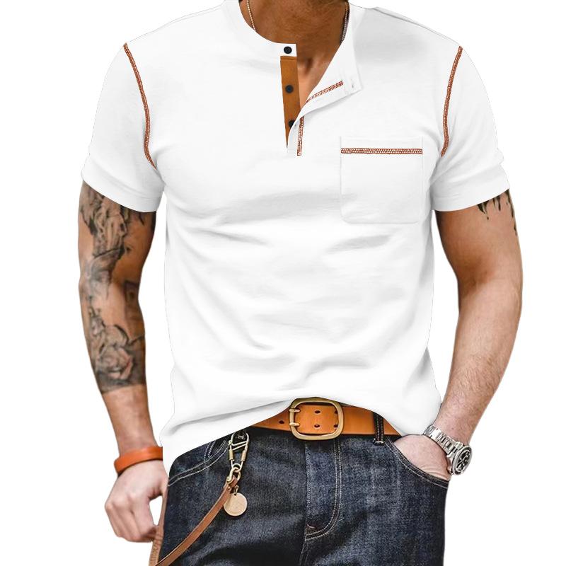 Men's Casual Colorblock Henley Collar Slim Fit Short Sleeve T-Shirt 9261138018488