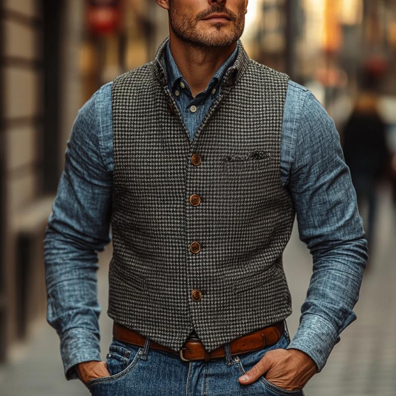 Men's Vintage Stand Collar Houndstooth Single Breasted Slim Vest 9273157484728