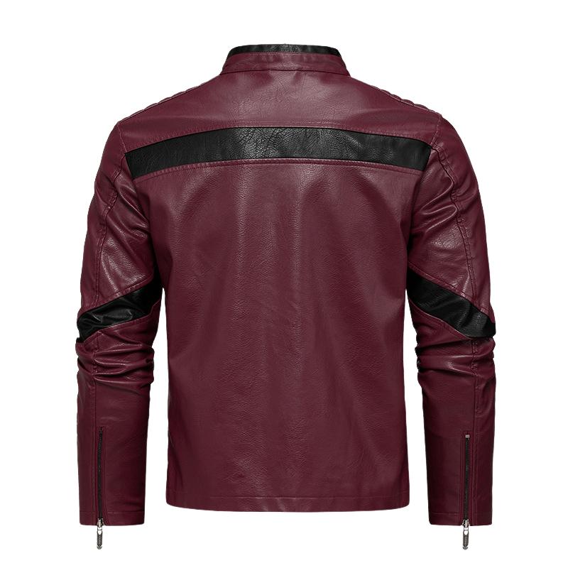 Men's Vintage Stand Collar Colorblock Embroidered Zipper Leather Jacket 9261092733112