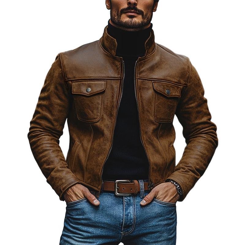 Men's Vintage Leather Stand Collar Multi-Pocket Slim Fit Jacket 9269591605432