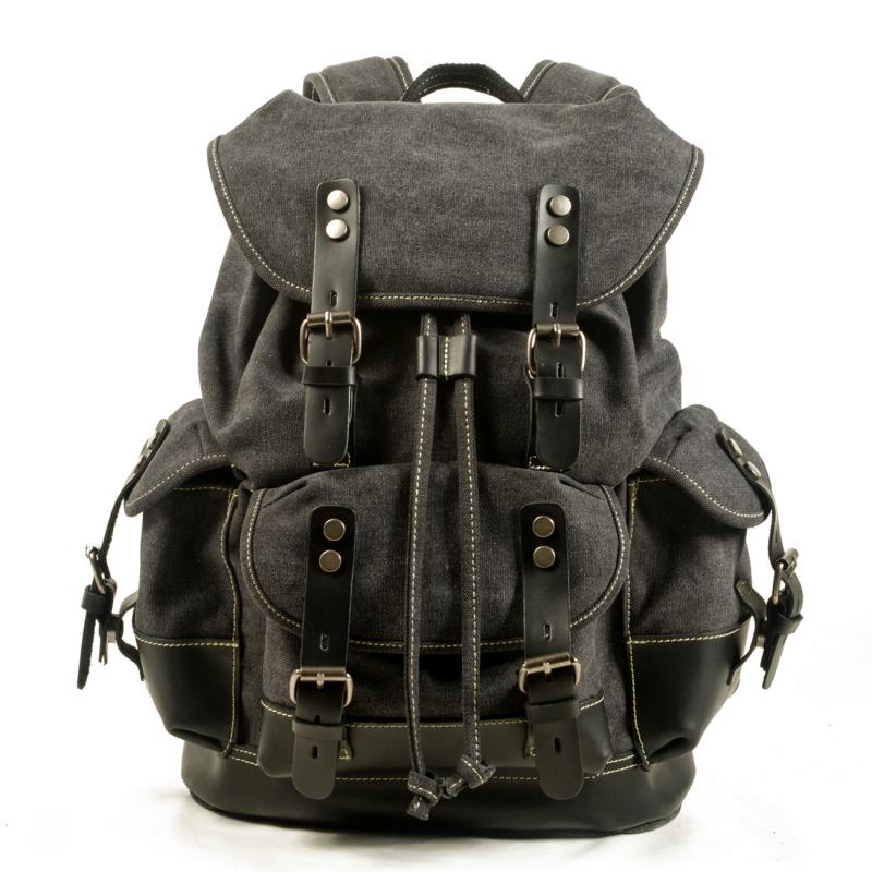 Men's Vintage Outdoor Canvas Stitching Leather Multi-Pocket Backpack 9262190624952