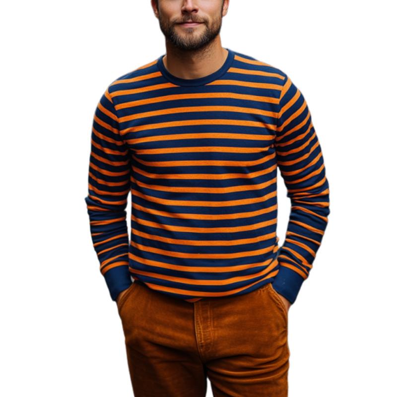 Men's Classic Casual Round Neck Horizontal Striped Cotton Long-sleeved T-shirt 9882786988216