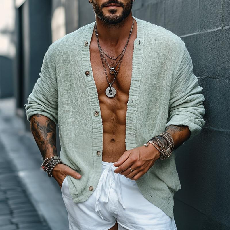 Men's Fashion Solid Color Collarless Long Sleeve Loose Shirt 9886819057848
