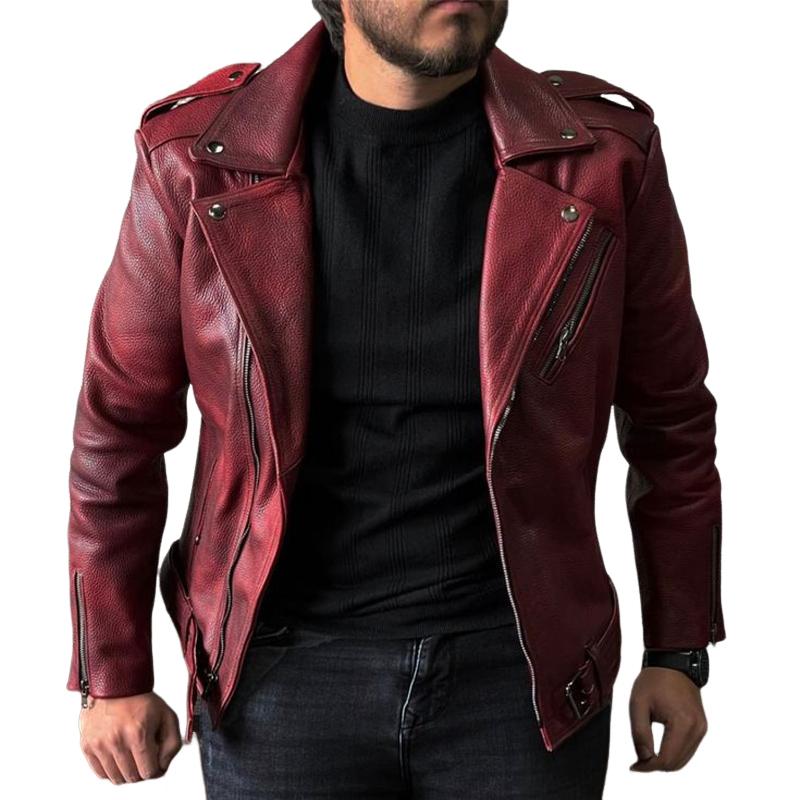 Men's Notched Lapel Zipper Leather Jacket 9873140056248