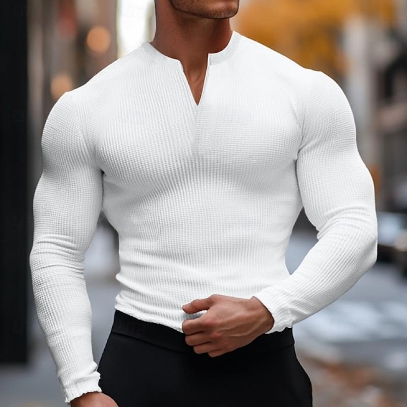 Men's Fashion Solid Color Waffle Slim Fit Long Sleeves T-Shirt 9883356233912