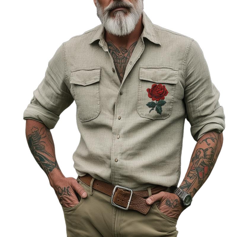 Men's Retro Casual Western Cowboy Embroidered Long Sleeve Shirt 9261782958264