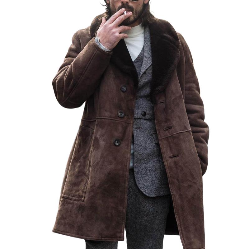 Men's Vintage Suede Stitching Fur Collar Mid-Length Coat 9261108101304