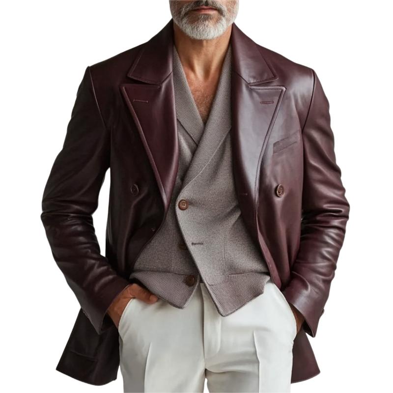 Men's Vintage Lapel Double Breasted Leather Blazer 9877217575096