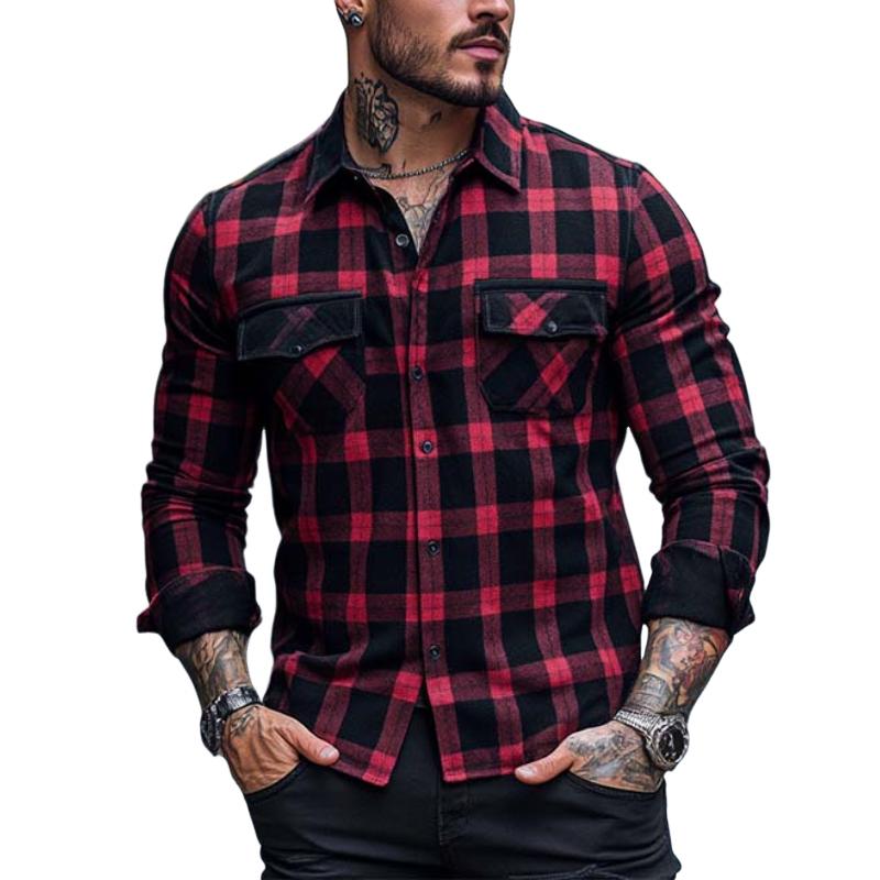 Men's Classic Casual Plaid Multi-Pocket Slim Fit Long Sleeve T-Shirt 9873140351160