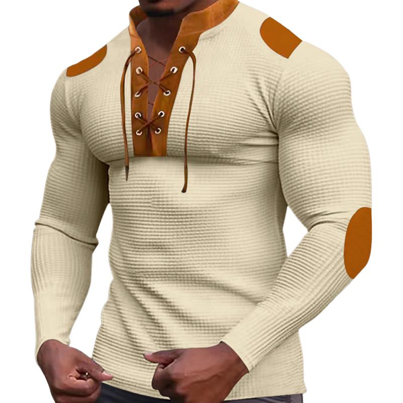 Men's Casual Colorblock Waffle Lace-up Stand Collar Slim Long Sleeve T-shirt 9261136675000
