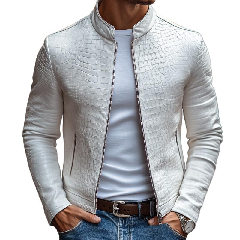 Men's Fashion Stone Pattern Stand Collar Zipper Slim Fit Leather Jacket 9269591474360