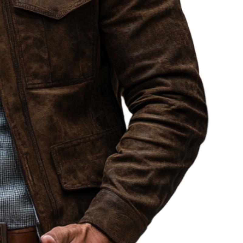 Herren Lederjacke mit klassischem Revers und mehreren Taschen 9269592162488