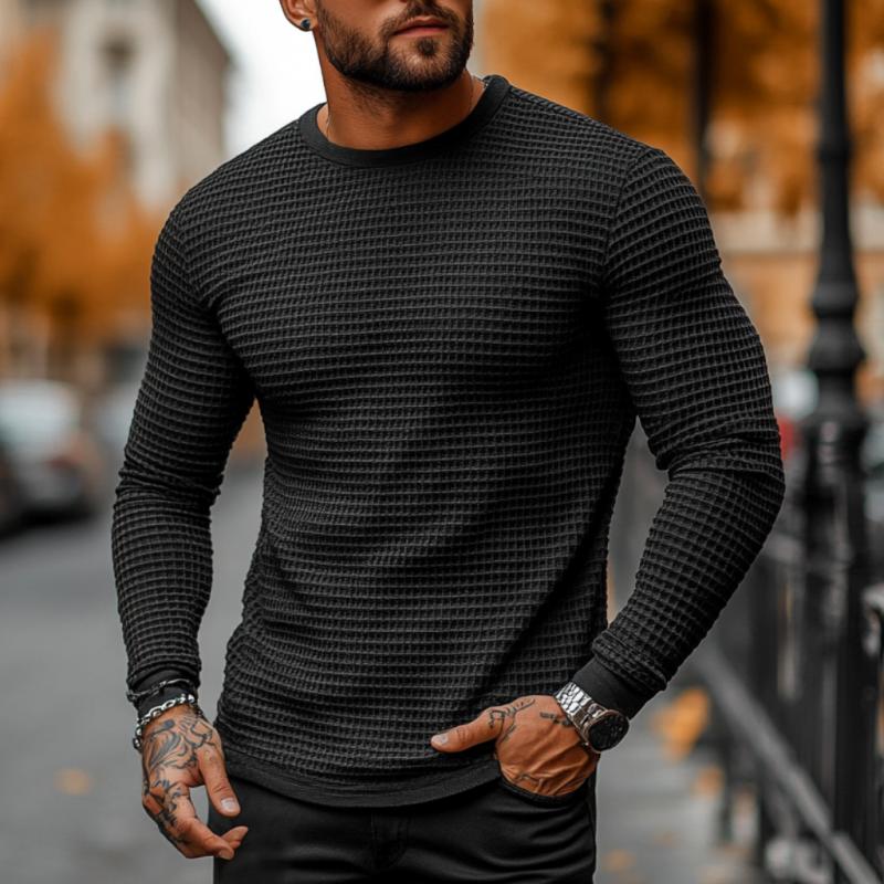 Men's Casual Waffle Collar Slim Fit Long Sleeve T-shirt 9274167328952