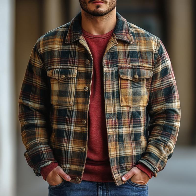 Men's Vintage Checked Lapel Chest Pocket Single Breasted Jacket 9884641001656