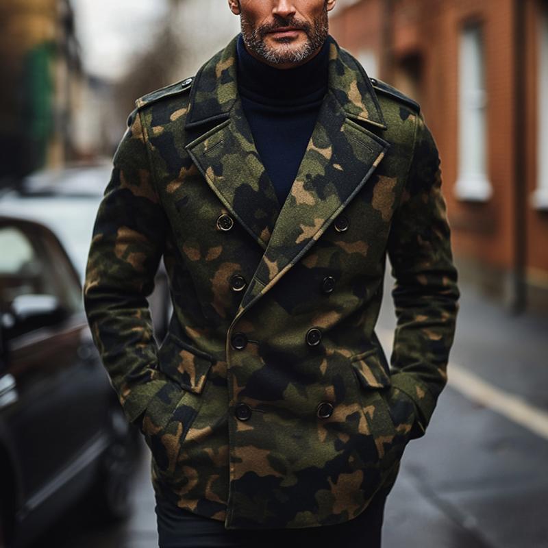 Men's Fashion Camo Print Lapel Double Breasted Casual Coat 9261104890040