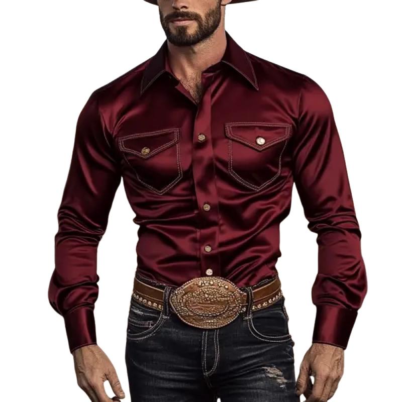 Men's Western Vintage Satin Double Chest Pocket Slim Fit Long Sleeve Shirt 9882786365624