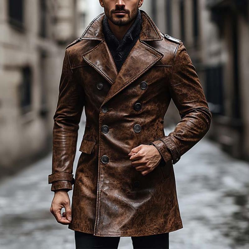 Men's Classic Vintage Slim Lapel Double Breasted Leather Jacket 9873139564728