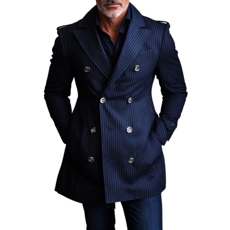Men's Vintage Striped Double Breasted Mid-Length Trench Coat 9877217673400