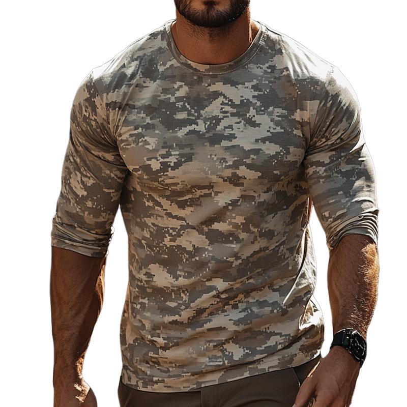 Men's Retro Casual Camouflage Printed Round Neck Long Sleeve T-Shirt 9877927166136