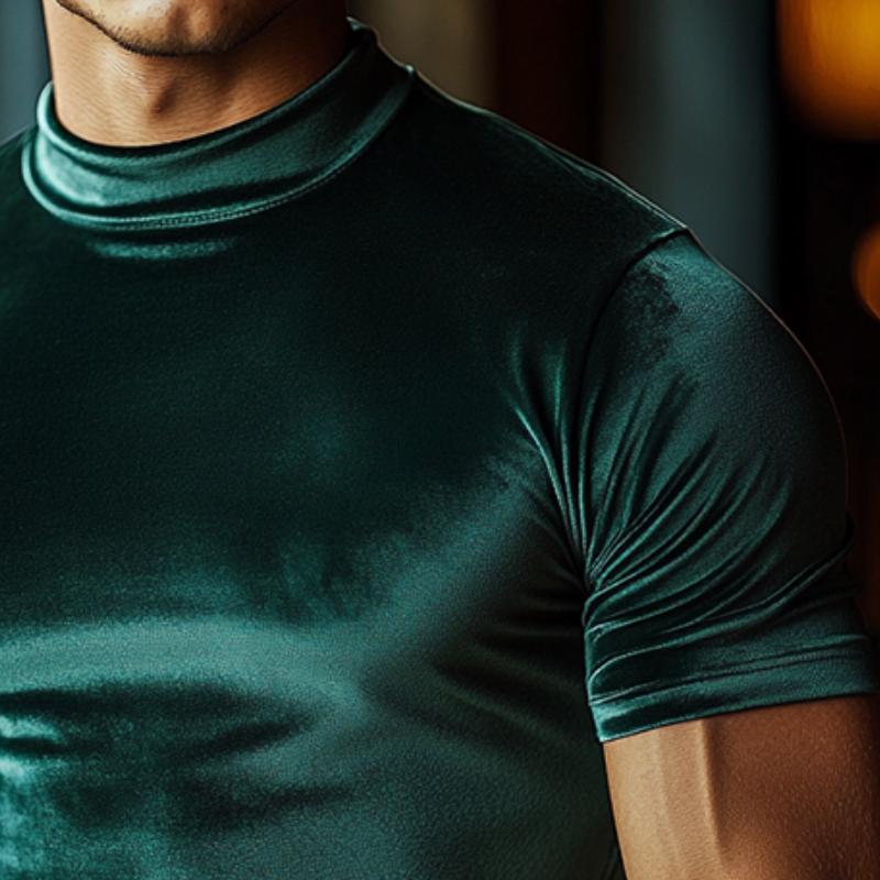 Men's Retro Casual Velvet High Neck Short Sleeve T-Shirt 9886819909816