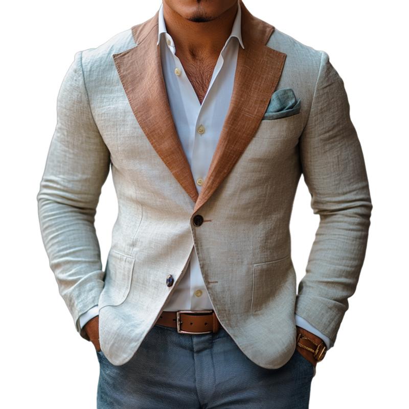 Men's Fashion Colorblock Linen Notch Lapel Two Buttons Blazer 9886818435256