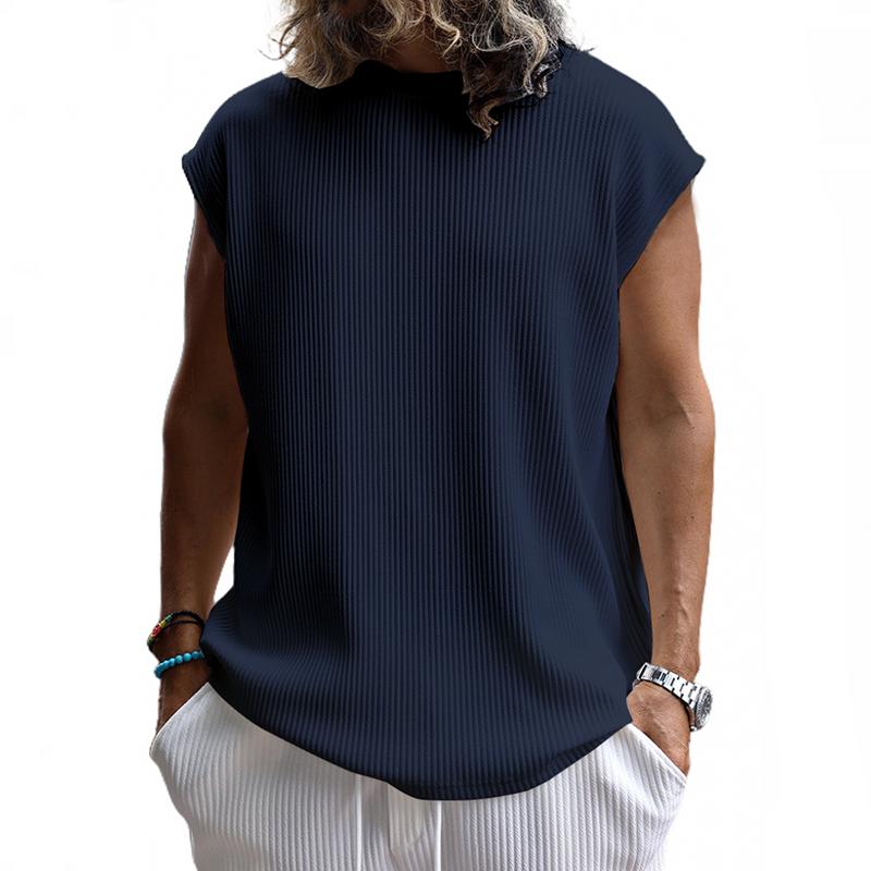 Men's Solid Color Vertical Stripes Round Neck Sleeveless T-shirt 9261144637624