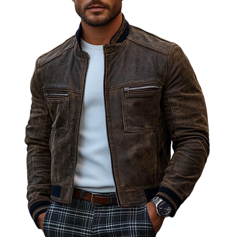 Men's Classic Slim Stand Collar Zipper Casual Leather Jacket 9269592129720
