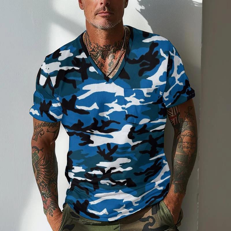 Men's Camouflage V Neck Breast Pocket Short Sleeve T-shirt 9261140508856