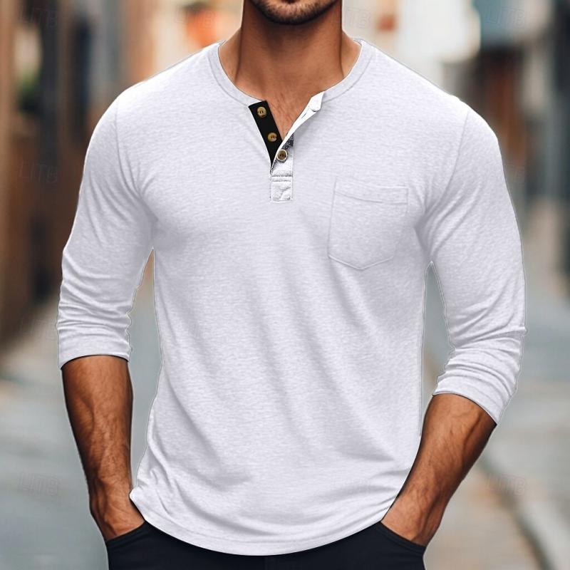 Men's Solid Color Button Round Neck Long Sleeve T-Shirt 9261142900920