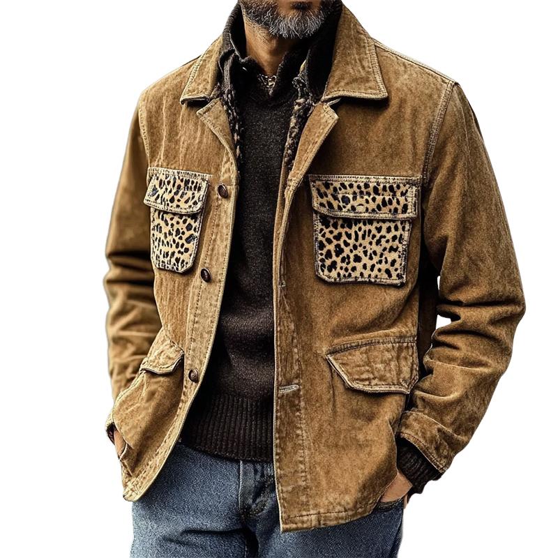 Men's Khaki Washed Denim Leopard Print Jacket 9261089325240