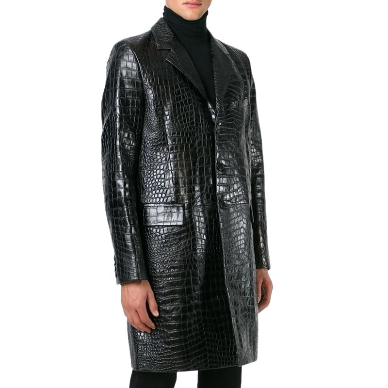 Men's Classic Mid-length Lapel Croc-effect Leather Coat 9885321887928