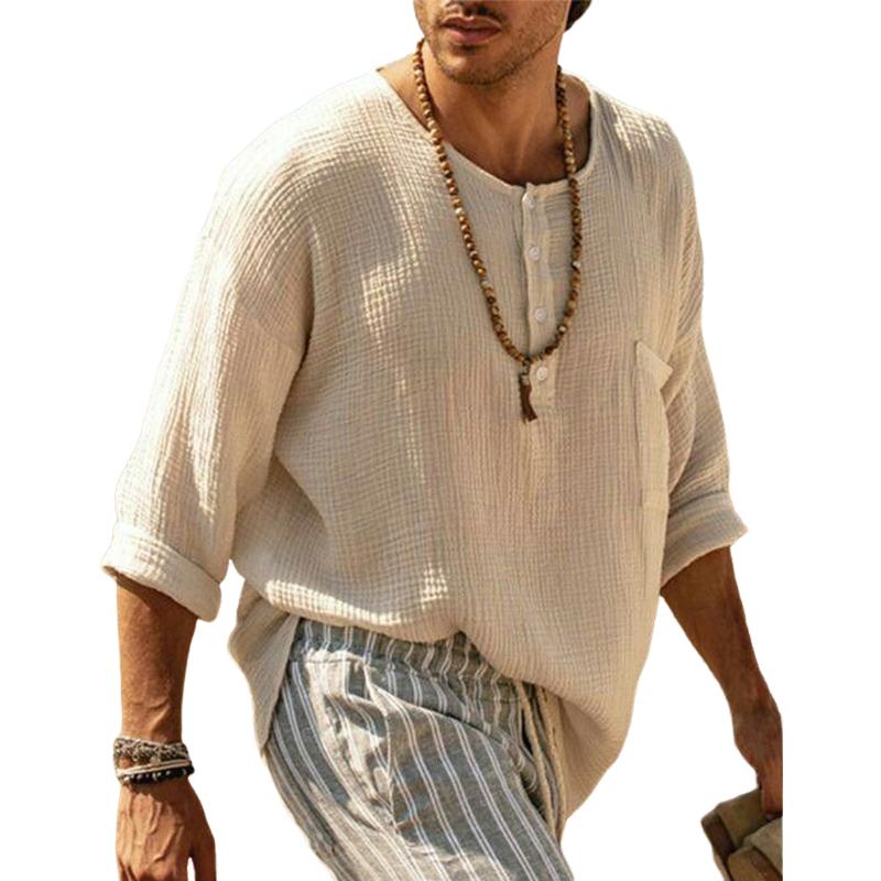 Men's Casual Breathable Round Neck Four-button Long-sleeved T-shirt 9877925789880