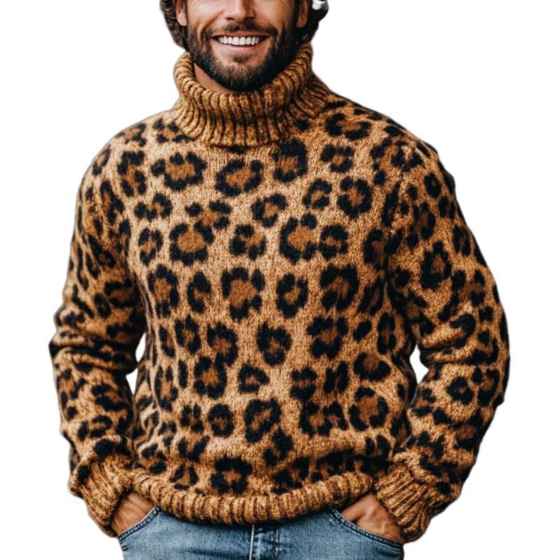 Men's Fashion Leopard Jacquard Turtleneck Warm Knitted Sweater 9262179549368