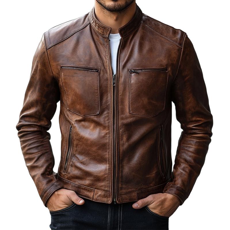 Men's Vintage Red Brown Zipper Leather Jacket 9879141351608