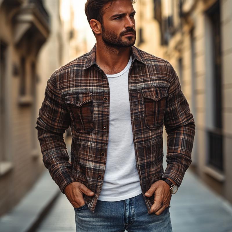 Men's Casual Plaid Print Lapel Loose Shirt Jacket 9267506806968