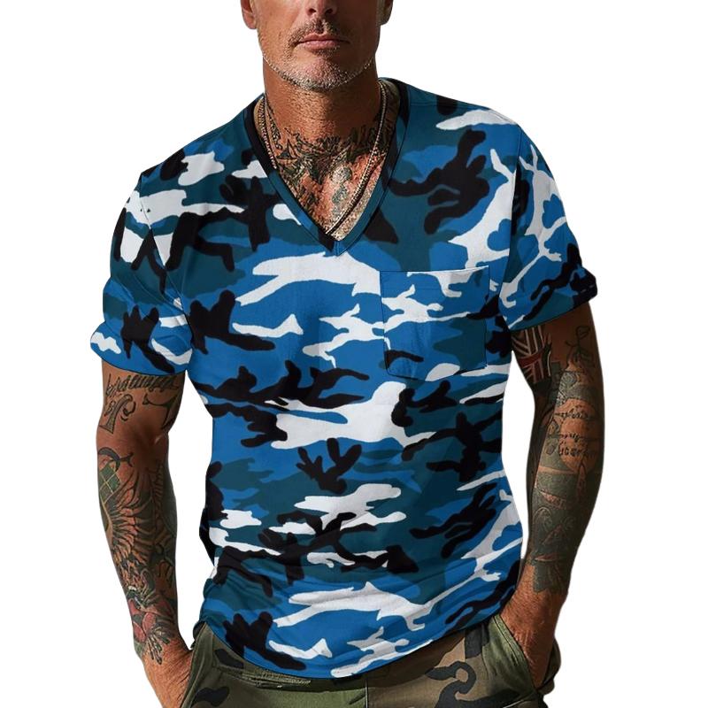 Men's Camouflage V Neck Breast Pocket Short Sleeve T-shirt 9261140508856