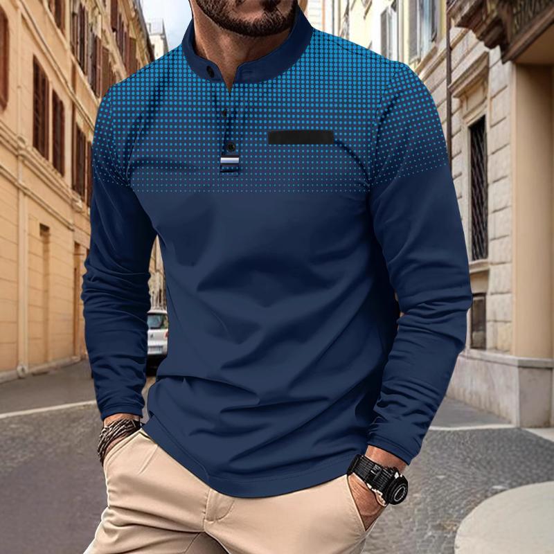 Men's Casual Polka Dot Print Stand Collar Long Sleeve T-shirt 9261144015032