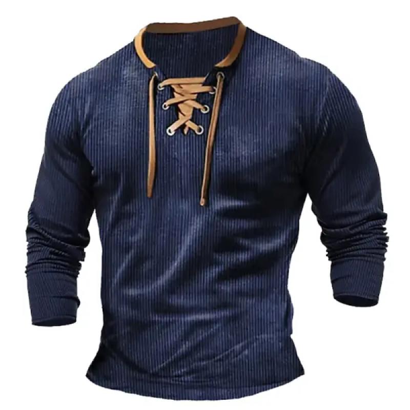 Men's Vintage Corduroy Colorblock Collar Tie Slim Fit Long Sleeve T-Shirt 9882785972408