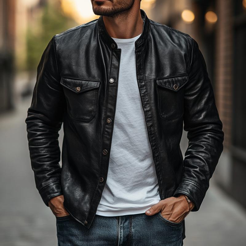 Men's Casual Solid Color Leather Stand Collar Slim Fit Long Sleeve Shirt 9273157583032