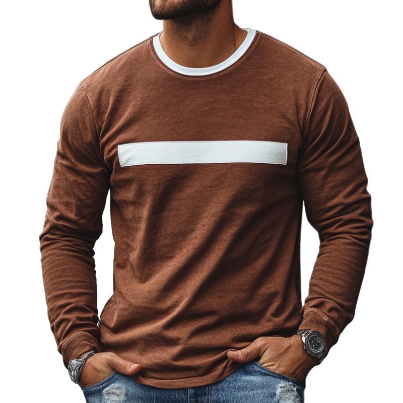 Men's Retro Casual Solid Color Round Neck Long Sleeve T-Shirt 9273156141240