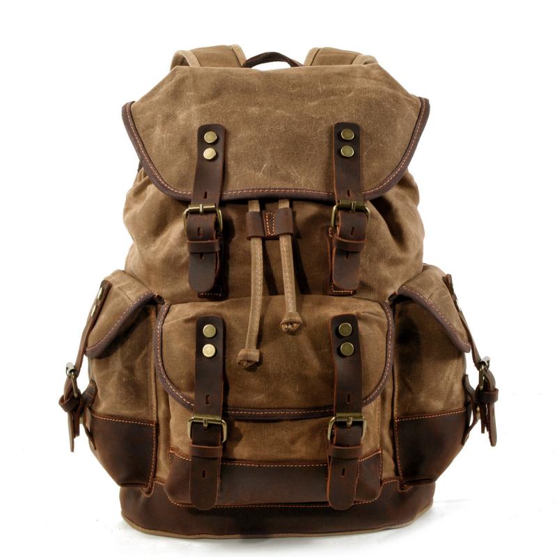 Men's Vintage Outdoor Canvas Stitching Leather Multi-Pocket Backpack 9262190624952