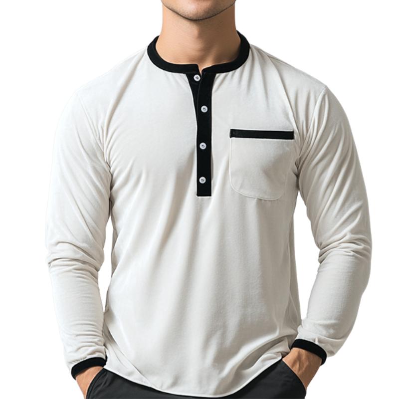 Men's Casual Slim Fit Velvet Patchwork Pocket Long Sleeve T-Shirt 9883358593208