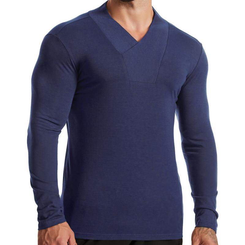 Men's Casual Solid Color V Neck Slim Long Sleeve T-Shirt 9261137330360