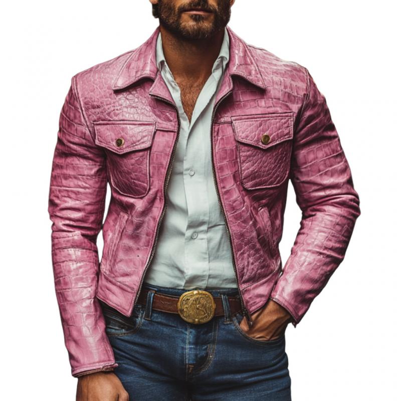 Men's Vintage Crocodile Leather Lapel Zipper Slim Jacket 9887360221368