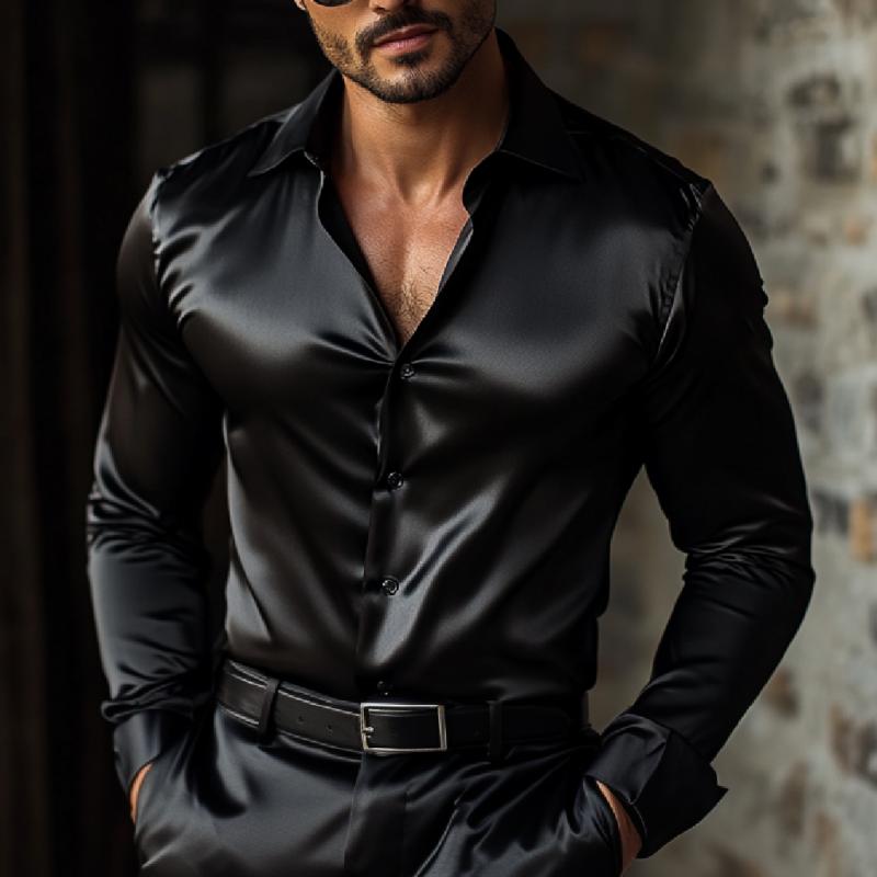 Men's Elegant Solid Color Satin Lapel Slim Fit Long Sleeve Shirt 9273157648568