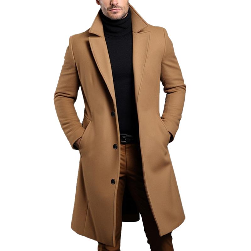 Men's Solid Notch Lapel Single-breasted Mid-length Coat 9261100630200