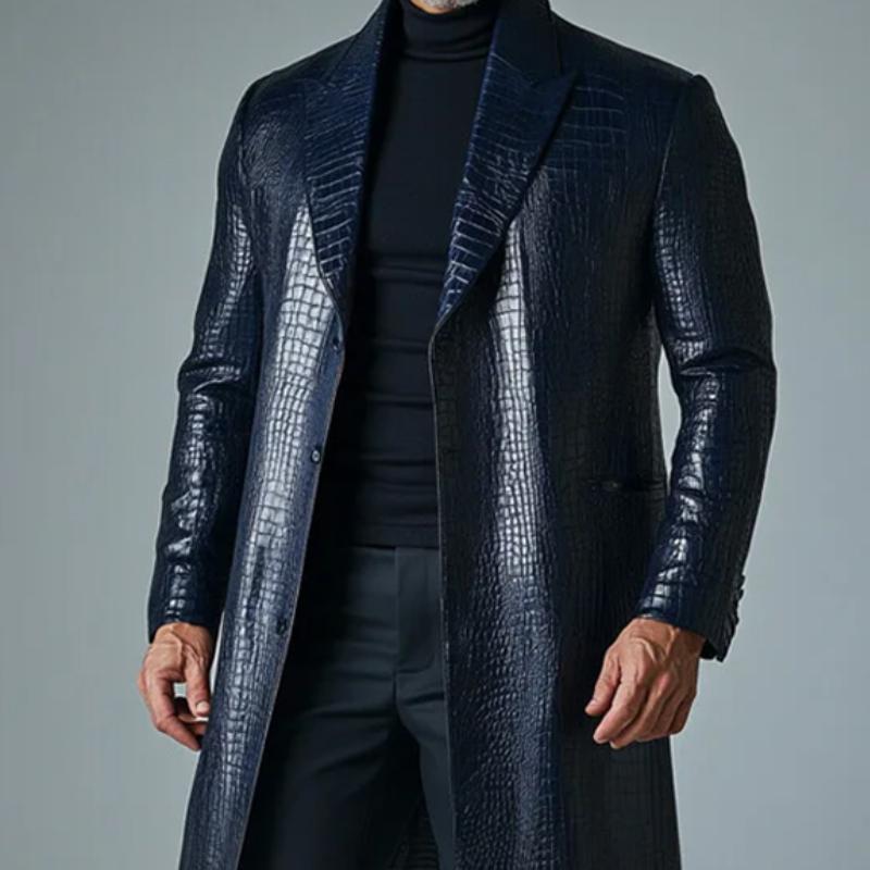 Men's Vintage Solid Color Crocodile Leather Mid-Length Trench Coat 9261108199608