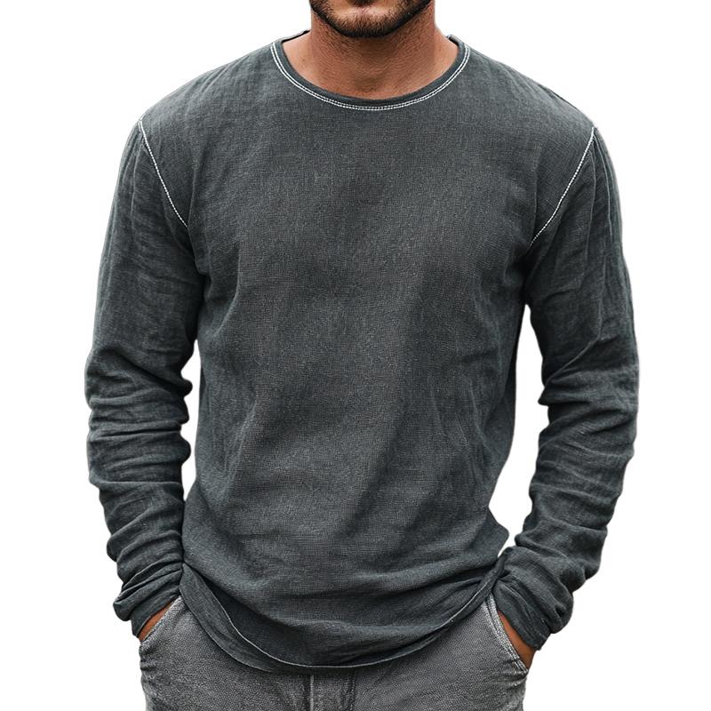Men's Retro Casual Linen Round Neck Long Sleeve T-Shirt 9887382634680
